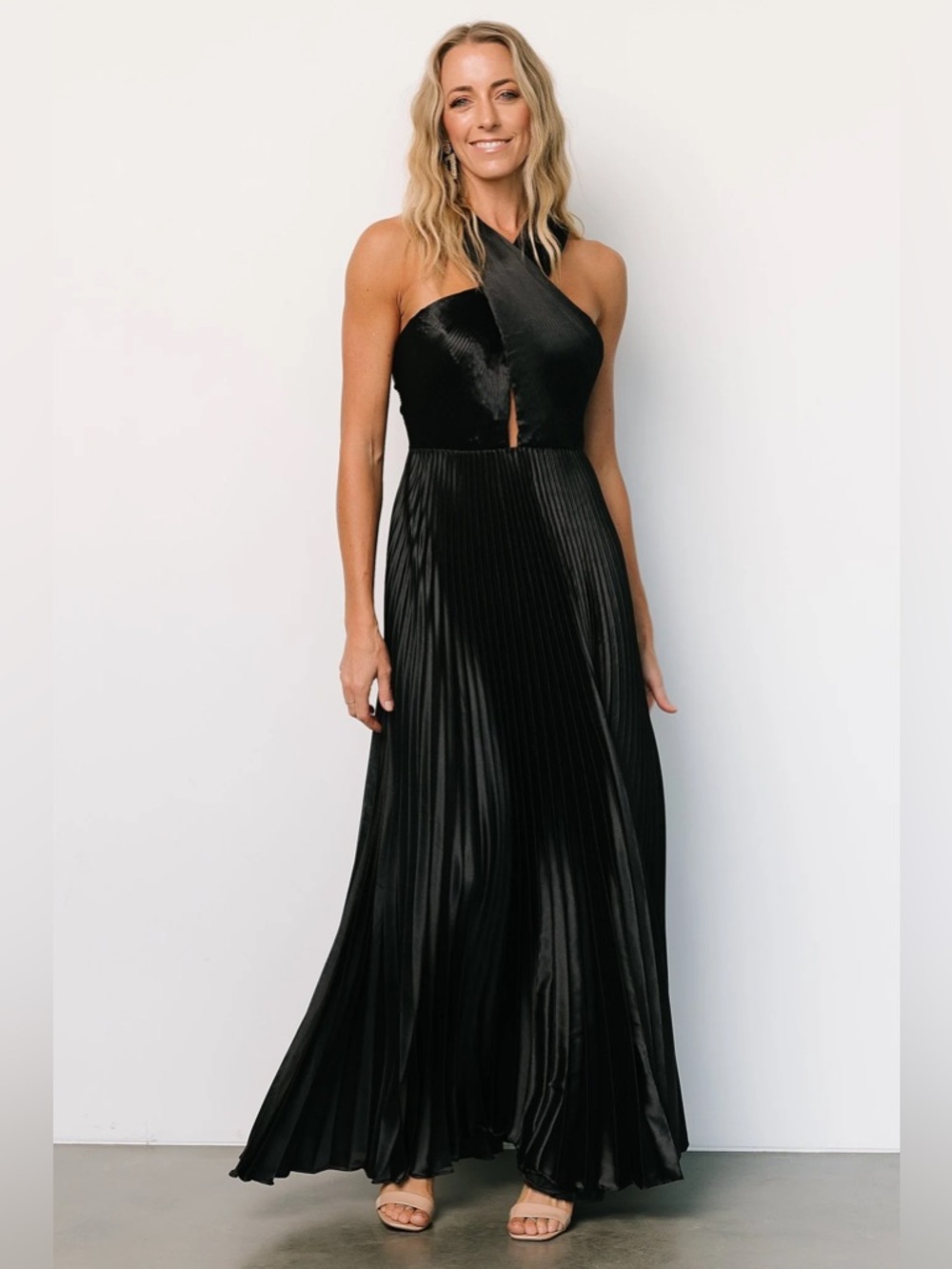 Baltic Born Elegant Black Halter Pleated Maxi Dress